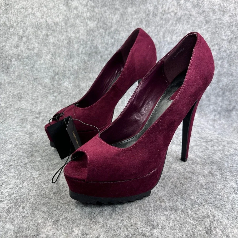 Forever 21 Womens Size 8.5 Heels Wine Faux Suede Peep Toe Platform Stilleto New
